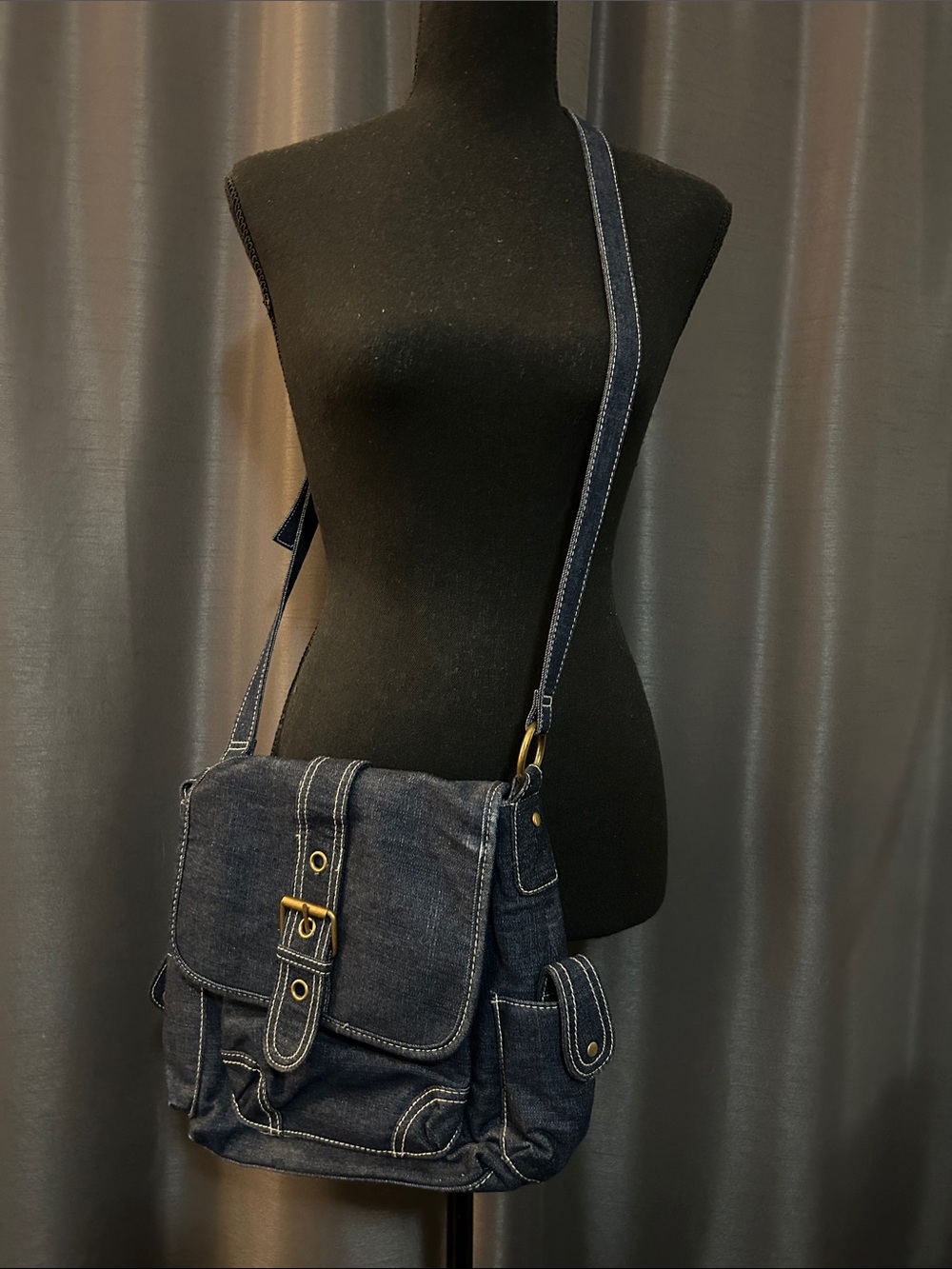 Source Unknown Dark Blue Denim Shoulder Bag with Brass Hardware